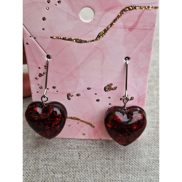 Red Art Handmade Resin Heart Shaped  Earrings Tones Verdes Jewelry - Picture 3 of 6